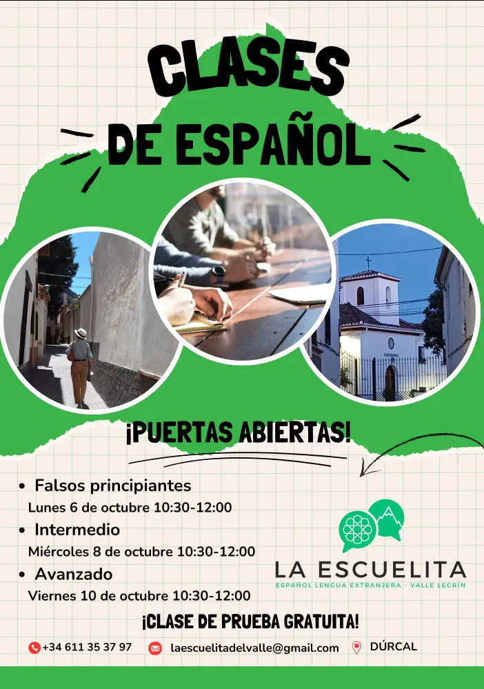 Cartel de puertas abiertas: clases de español por nivel con clase de prueba gratuita